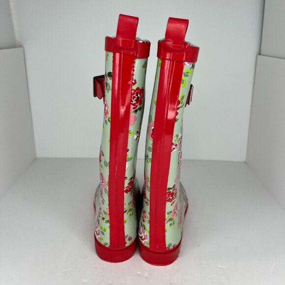 Womens Green Waterproof Garden Strap Floral Mid Calf Slip On Size 6 Rain Boots - Picture 5 of 9